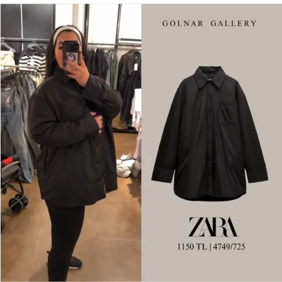 Zara Black Water Repellent Quilted Overshirt shirt Jacket button closure NWT - Picture 12 of 16